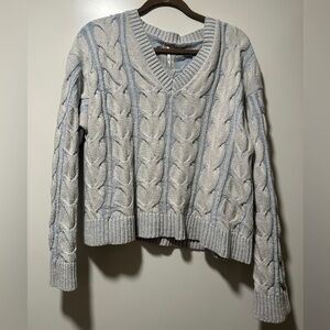 🌊Free People Pale Blue Washed V-Neck Cable Knit Sweater